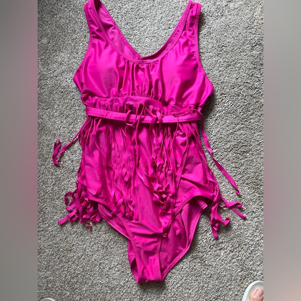 Vibrant Pink Fringe Swimsuit, Size XL
